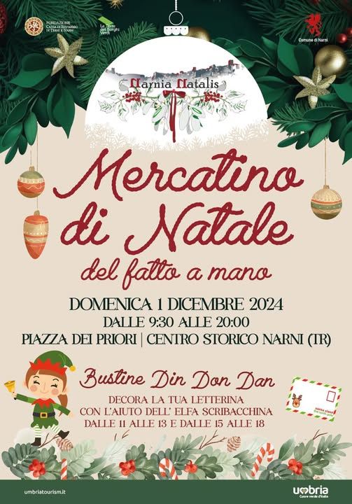 Potrebbe essere un'immagine raffigurante il seguente testo "KPC AIMER TIREENUN Comube Karmi Namia ClamiaNlatalis Natalis Mercatino di Natale del fatto a mano DOMENICA 1 DICEMBRE 2024 DALLE 9:30 ALLE 20:00 PIAZZA DEI PRIORI| CENIRO STORICO NARNI (IR) Bustine Din Don Dan DECORA LA TUA LETTERINA CON L'AIUTO DELL' ELFA SCRIBACCHINA DALLE 11 ALLE 13 E DALLE 15 ALLE 18 umbriatourismit umbria CeoaCa"