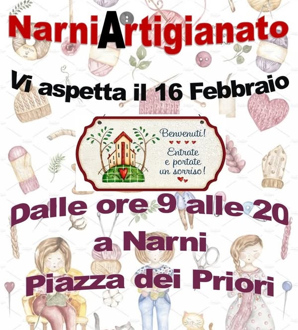 Potrebbe essere un'immagine raffigurante 1 persona e il seguente testo "NarniArti NarniArtigianato CETTON Vi aspetta il 16 Febbraio Benvenuti! B Entrate e portate un sorriso! Dalle ore 9 alle alle:20 20 a Narni Piazza dei Priori まミ"